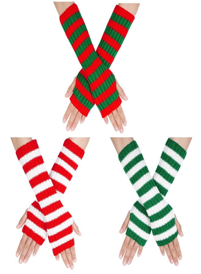 phnydreg 3Pairs Christmas Striped Arm Warmers Long Fingerless Gloves Knitted Striped Arm Sleeves for for Christmas Women Girls Costume - Image 1